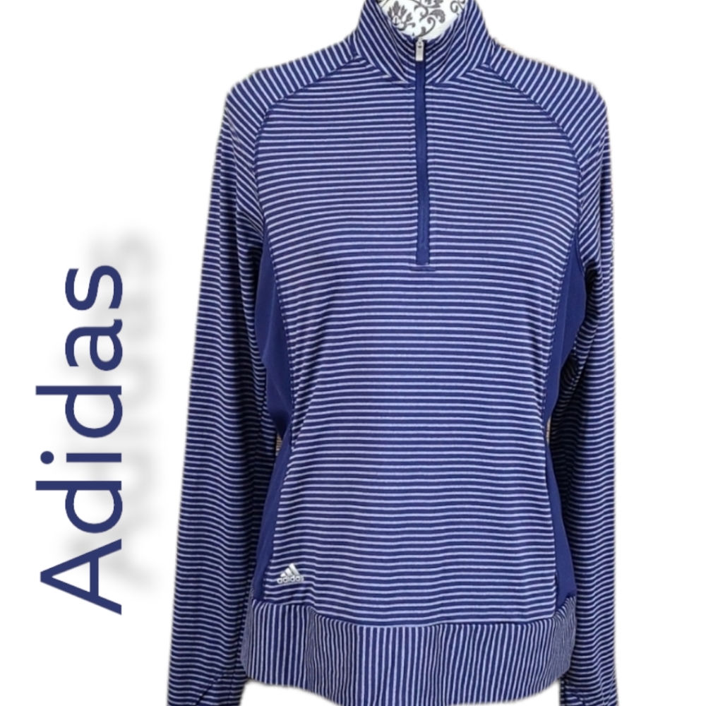 Adidas Striped 1/4 Zip Performance Pullover | Navy & Blue | Medium - Picture 4 of 12